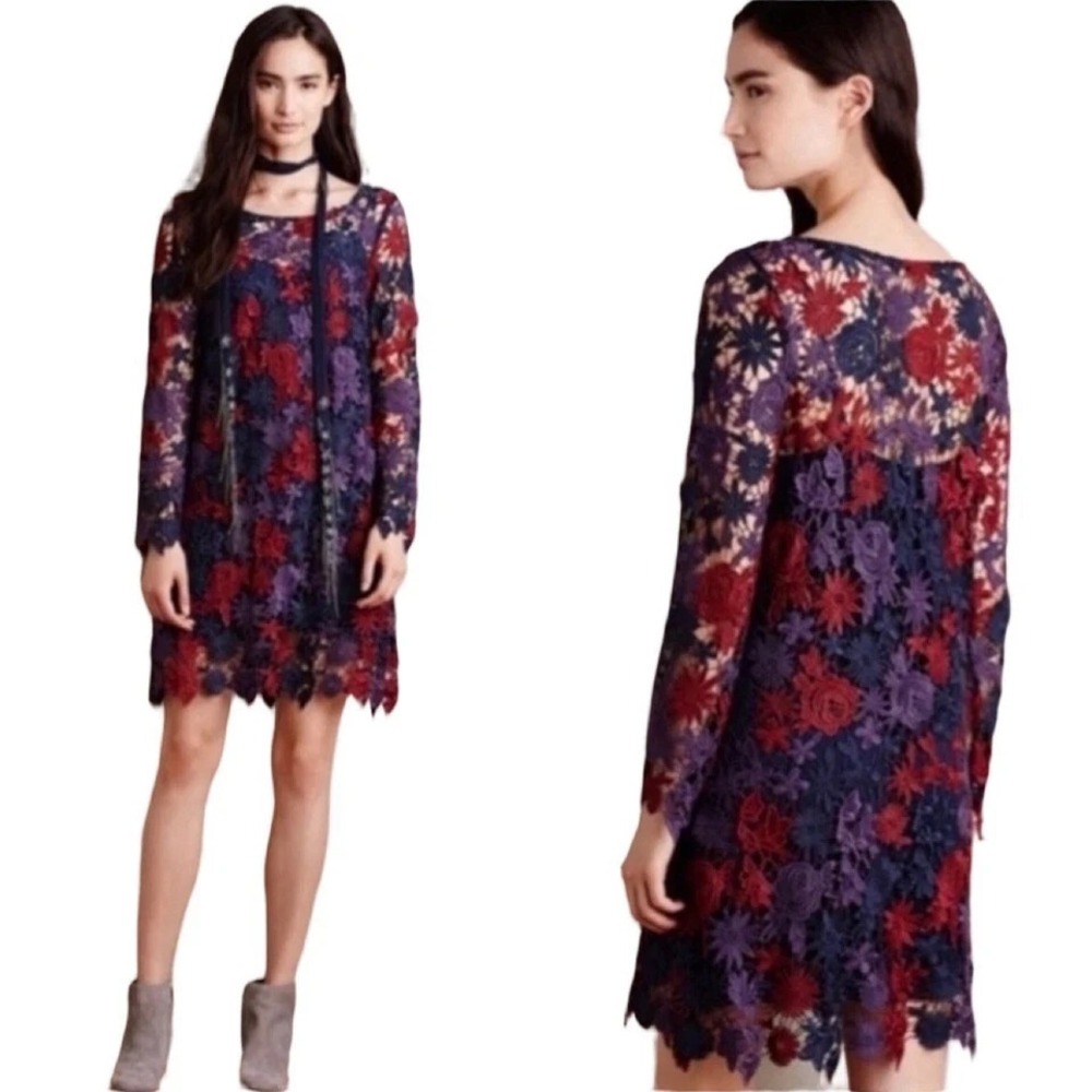 Moulinette Soeurs Anthro Lace Dress 2 Navy Burgundy Floral Guipure Romantic Chic